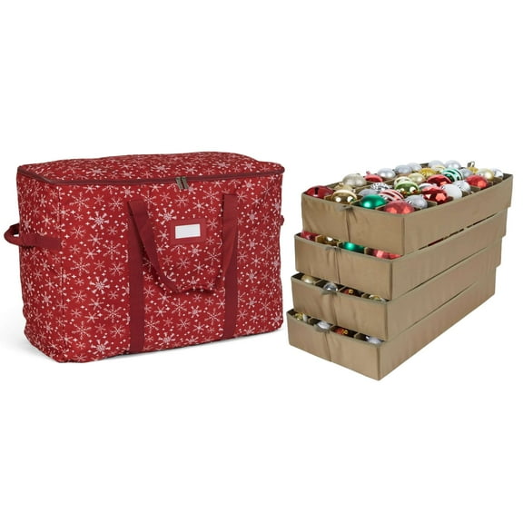 Covermates Keepsakes Adjustable Ornament Storage Bag – Heavy-Duty Polyester, Padded Dividers & FlexGrid Trays – Protective Holiday Ornament Organizer with Handles & Label Window, Red Snowflake