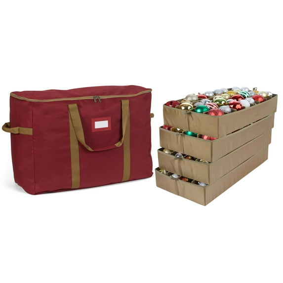 Covermates Keepsakes Adjustable Ornament Storage Bag – Heavy-Duty Polyester, Padded Dividers & FlexGrid Trays – Protective Holiday Ornament Organizer with Handles & Label Window, Red