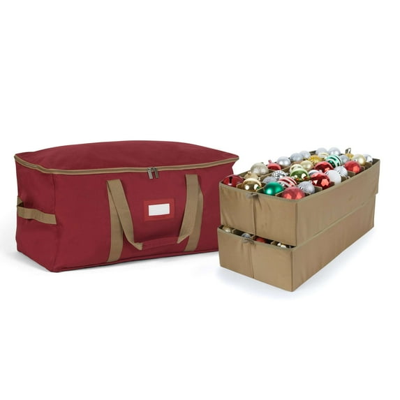 Covermates Keepsakes Adjustable Ornament Storage Bag – Heavy-Duty Polyester, Padded Dividers & FlexGrid Trays – Protective Holiday Ornament Organizer with Handles & Label Window, Red