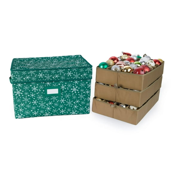 Covermates Keepsakes Adjustable Ornament Storage Box – Heavy-Duty Polyester, Padded Dividers & FlexGrid Trays – Protective Holiday Organizer with Stackable Walls & Label Window, Green Snowflake