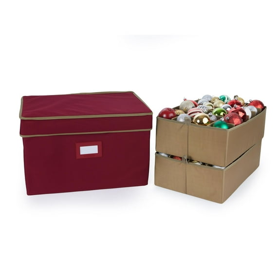 Covermates Keepsakes Adjustable Ornament Storage Box – Heavy-Duty Polyester, Padded Dividers & FlexGrid Trays – Protective Holiday Organizer with Stackable Walls & Label Window, Red
