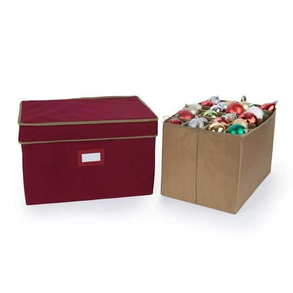 Covermates Keepsakes Adjustable Ornament Storage Box – Heavy-Duty Polyester, Padded Dividers & FlexGrid Trays – Protective Holiday Organizer with Stackable Walls & Label Window, Red