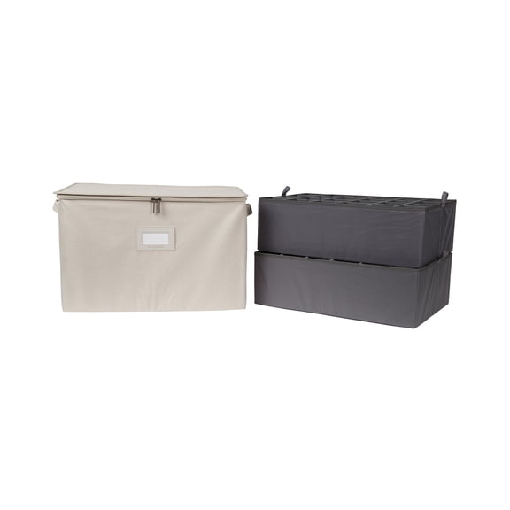 Covermates Keepsakes China Cups and Coffee Mugs Storage Box - Stackable, Reinforced Handles, China Storage, Beige Heather