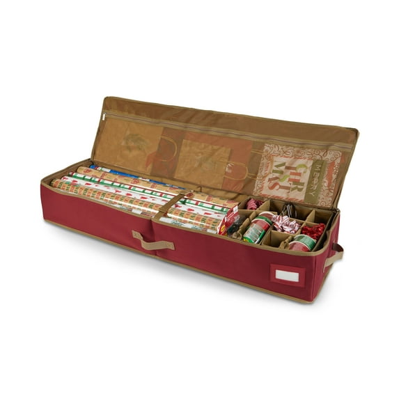 Covermates Keepsakes Gift Wrap Organizer - Holds up to 25 Rolls - Heavy Duty - Accessory Trays with Adjustable Compartments - Mesh Pocket - Holiday Storage, Red