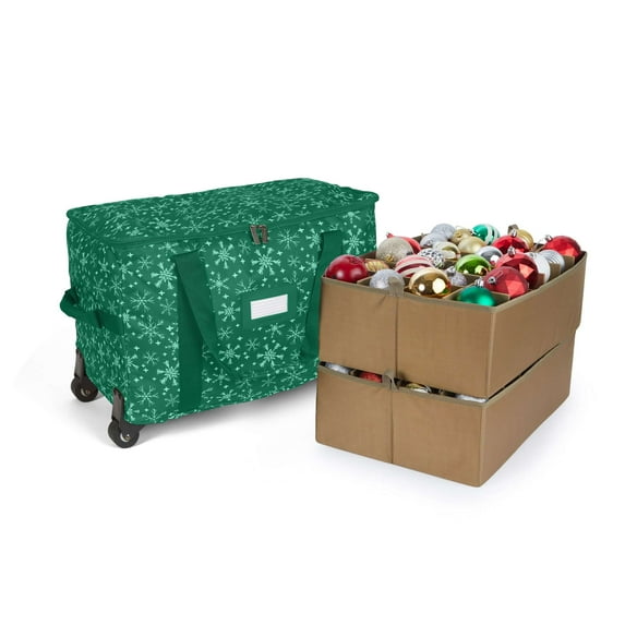 Covermates Keepsakes Rolling Adjustable Ornament Storage Bag – Heavy-Duty Polyester, FlexGrid Trays & Padded Dividers – Protective Holiday Organizer with Wheels, Handles & ID Window, Green Snowflake