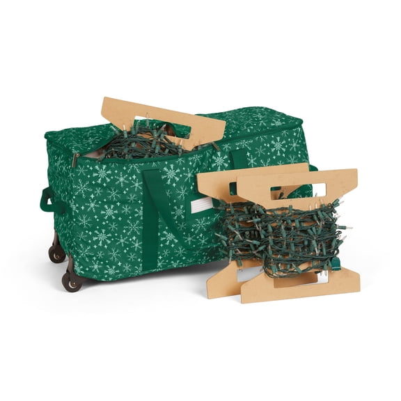 Covermates Keepsakes Rolling Christmas Light Storage Bag - Carrying Handles, ID Window, Dual Wheels - Holiday Storage, Green Snowflake