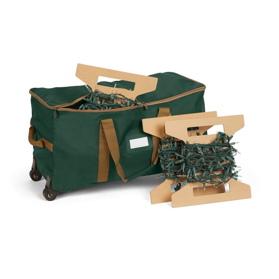 Covermates Keepsakes Rolling Christmas Light Storage Bag - Carrying Handles, ID Window, Dual Wheels - Holiday Storage, Green