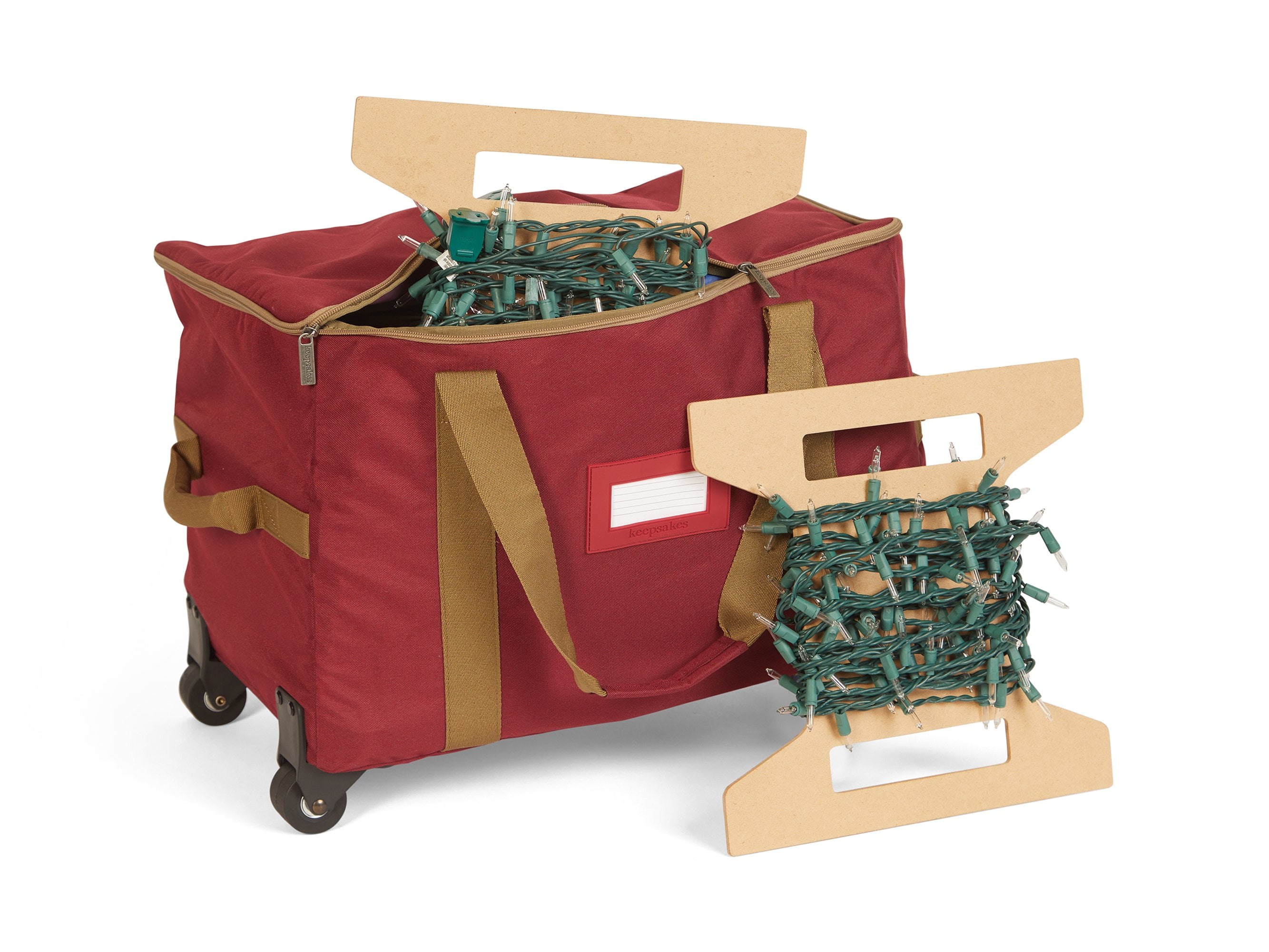 Covermates Keepsakes Rolling Christmas Light Storage Bag - Carrying  Handles, ID Window, Dual Wheels - Holiday Storage-Red
