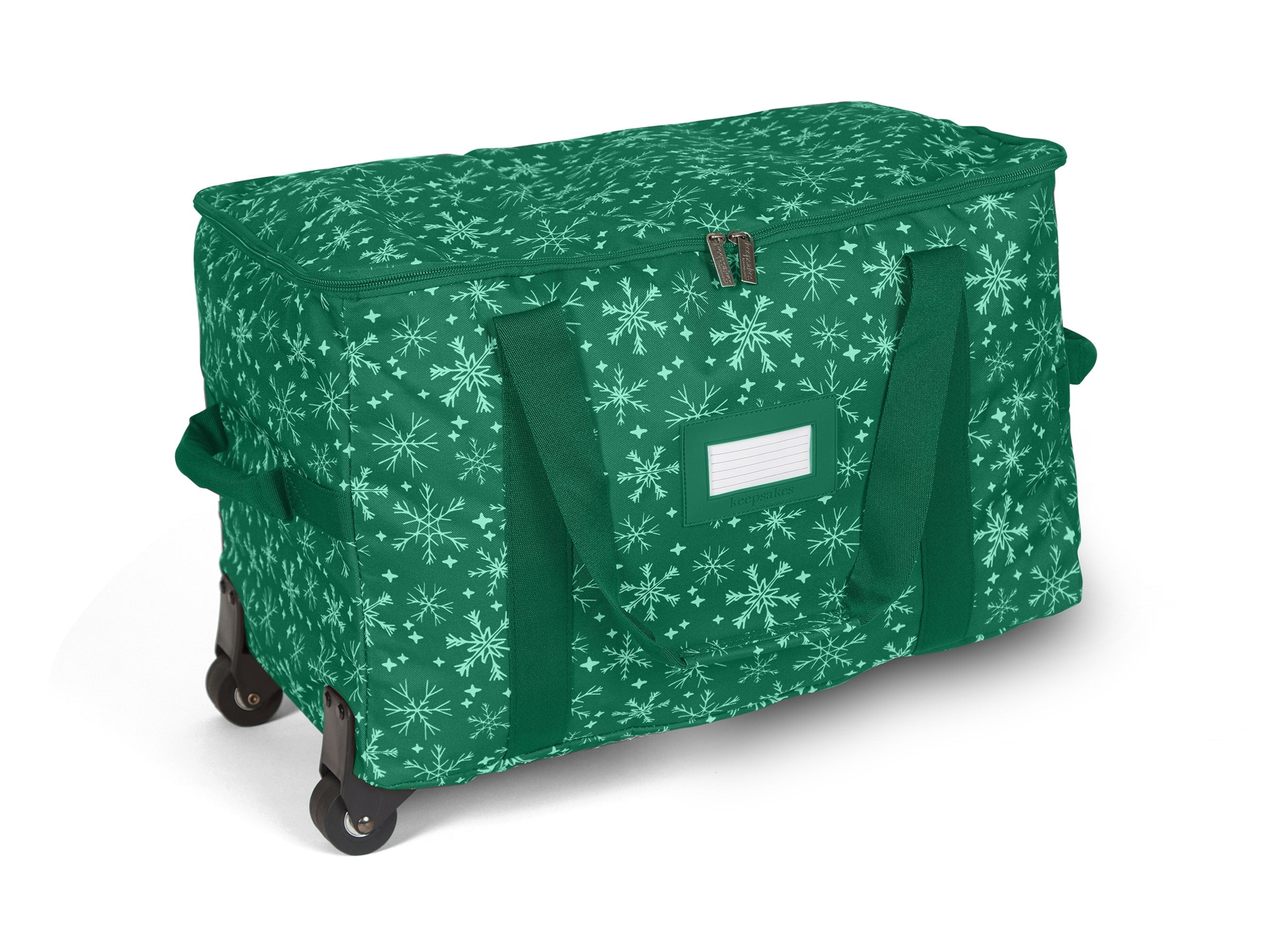 Covermates Keepsakes Rolling Treasurekeeper Storage Bag - Carrying Handles, ID Window, Dual Wheels - Holiday Storage, Green Snowflake