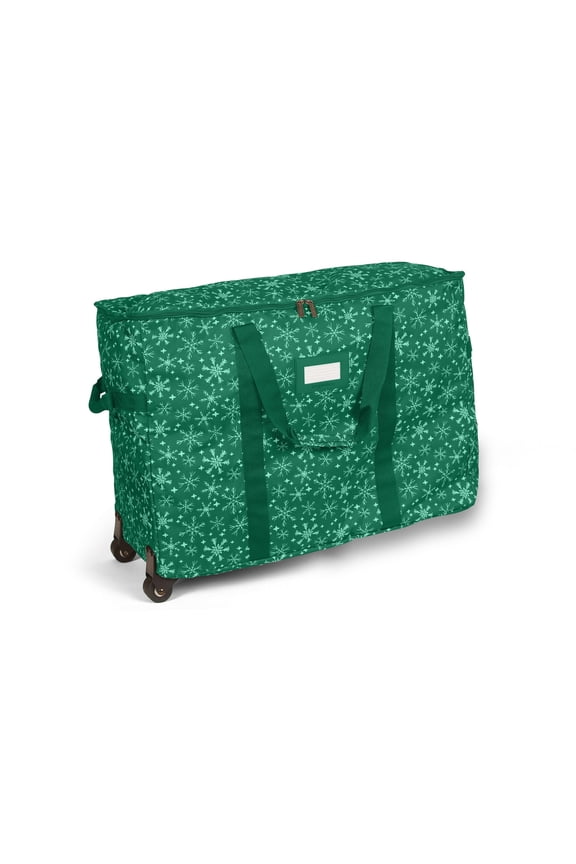 Keepsakes Rolling Treasurekeeper Storage Bag - Carrying Handles, ID Window, Dual Wheels - Holiday Storage, Green Snowflake