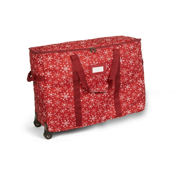 Covermates Keepsakes Rolling Treasurekeeper Storage Bag - Carrying Handles, ID Window, Dual Wheels - Holiday Storage, Red Snowflake