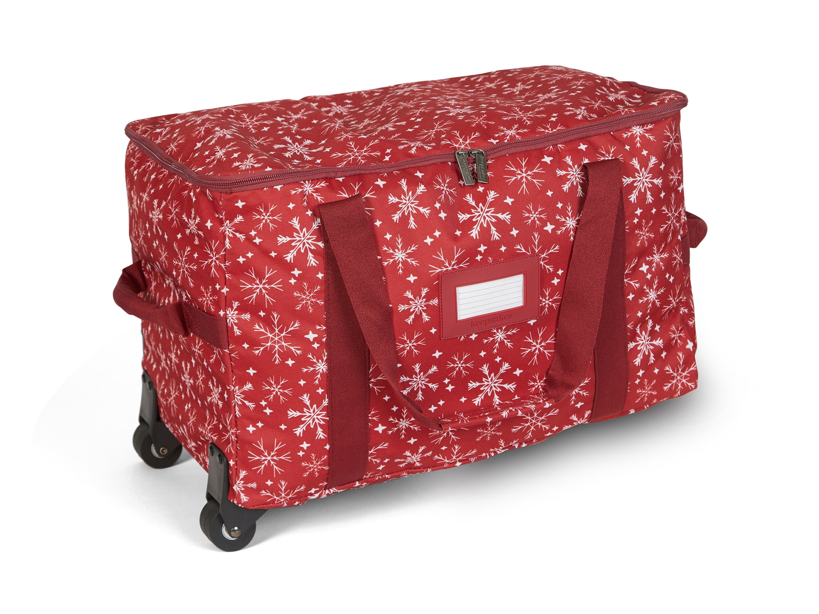 Covermates Keepsakes Rolling Treasurekeeper Storage Bag - Carrying Handles, ID Window, Dual Wheels - Holiday Storage, Red Snowflake