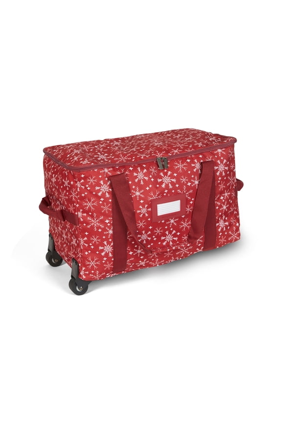 Keepsakes Rolling Treasurekeeper Storage Bag - Carrying Handles, ID Window, Dual Wheels - Holiday Storage, Red Snowflake