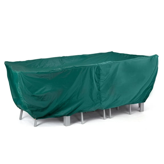 Covermates Classic Rectangular Patio Dining Table and Chair Set Cover with Umbrella Hole – Outdoor Water-Resistant Vinyl, Elastic Hem, Mesh Vents, 132W x 78D x 30H With Umbrella Hole, Green