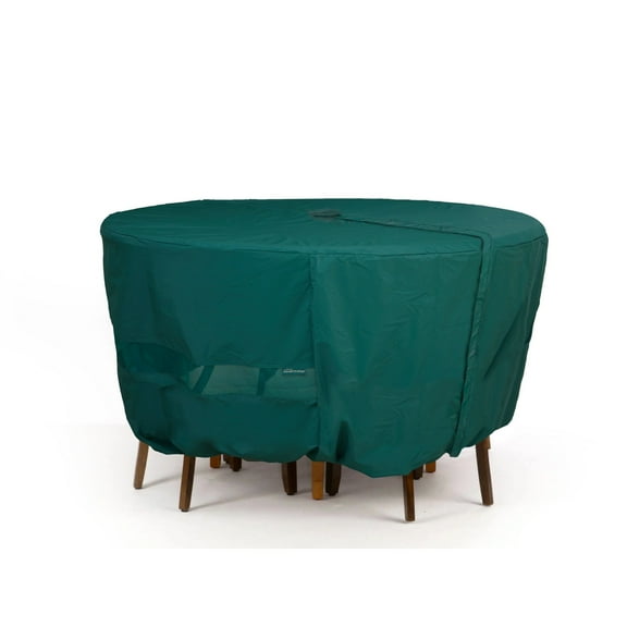 Covermates Classic Round Patio Dining Table and Chair Set Cover – All-Weather Outdoor Protection, Water-Resistant Vinyl, Elastic Hem, Mesh Vents, With Umbrella Hole 108 DIAMETER x 30H, Green