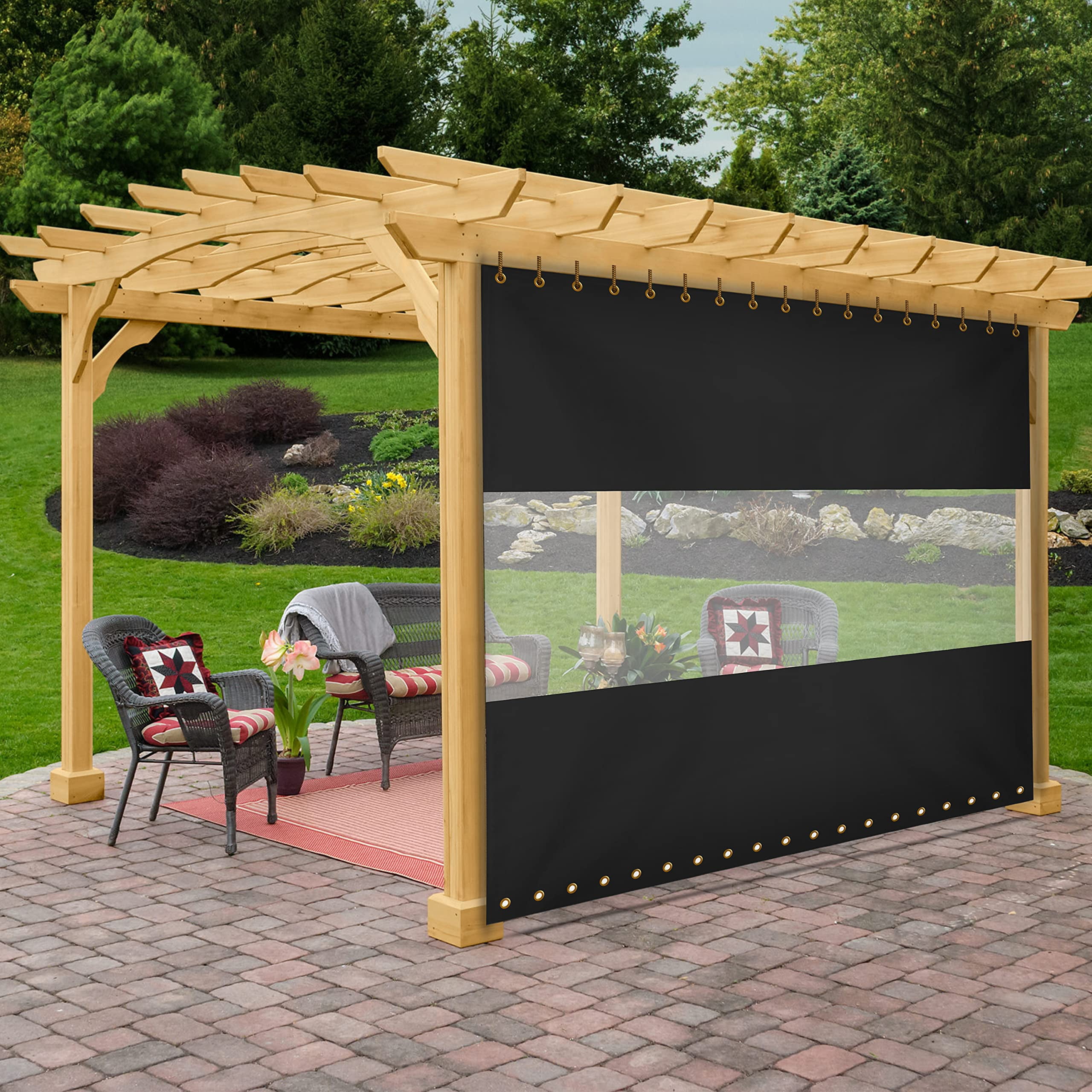 Covers & All Clear Panel Curtain, 18 Oz Outdoor Curtain for Patio Waterproof & UV Resistant, Featuring Rust-Free Grommets. Ideal for Patios, Pergolas, Porches, Gazebos, (7' H X 12' W Feet, Black)