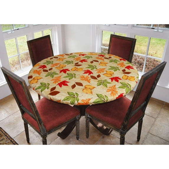 Covers For The Home Deluxe Elastic Edged Flannel Backed Vinyl Fitted Table Cover - All-Over Leaves Pattern - Extra Large Round - Fits Tables up to 57" - 65" Diameter