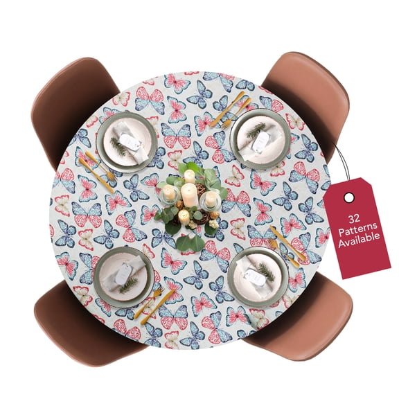 Covers For The Home Deluxe Elastic Edged Flannel Backed Vinyl Fitted Table Cover - Butterfly Pattern - Large Round - Fits Tables up to 45" - 56" Diameter (ETBUT60)