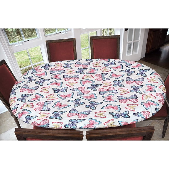 Covers For The Home Deluxe Elastic Edged Flannel Backed Vinyl Fitted Table Cover - Butterfly Pattern - Oblong/Oval - Fits Tables up to 48" W x 68" L (ETBUT76)