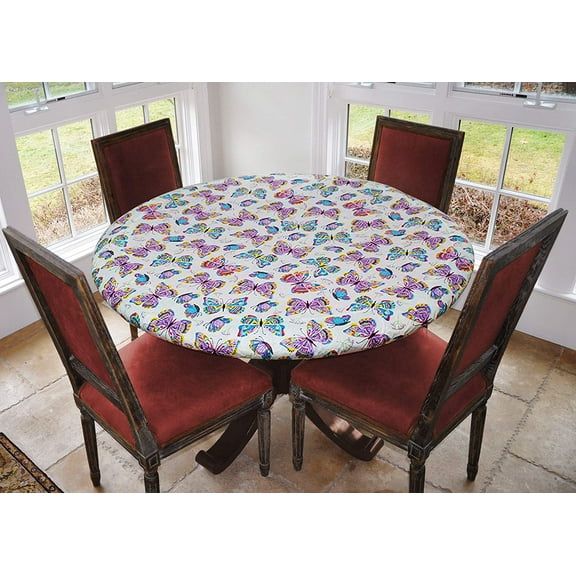 Covers For The Home Deluxe Elastic Edged Flannel Backed Vinyl Fitted Table Cover - Colorful Butterfly Pattern - Small Round - Fits Tables up to 40" - 44" Diameter (ETCBUT48-C4H)
