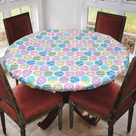 Covers For The Home Deluxe Elastic Edged Flannel Backed Vinyl Fitted Table Cover - Easter Pattern - Large Round - Fits Tables up to 45" - 56" Diameter