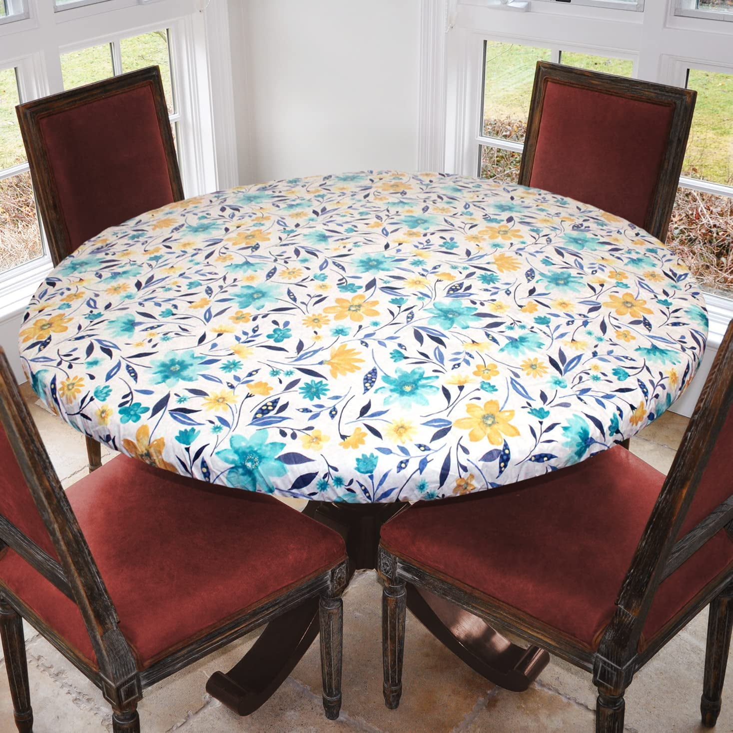 Floral Vinyl Fitted Round Table Cover with Elastic Edge