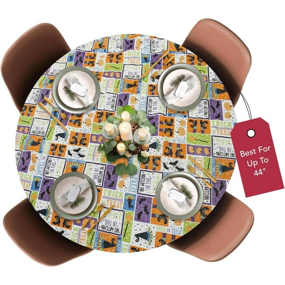 Covers For The Home Deluxe Elastic Edged Flannel Backed Vinyl Fitted Table Cover - Halloween Witchy Patchwork- Small Round Oblong Oval - Fits Tables up to 44" Diameter