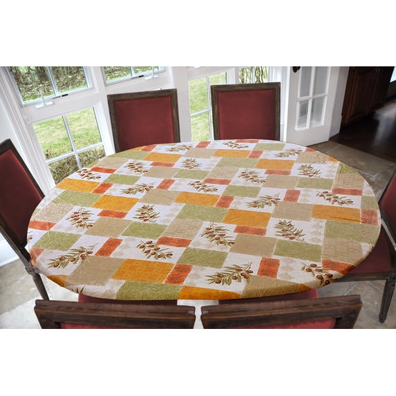 Covers For The Home Deluxe Elastic Edged Flannel Backed Vinyl Fitted Table Cover - Olive Patch Pattern - Oblong/Oval - Fits Tables up to 48" W x 68" L