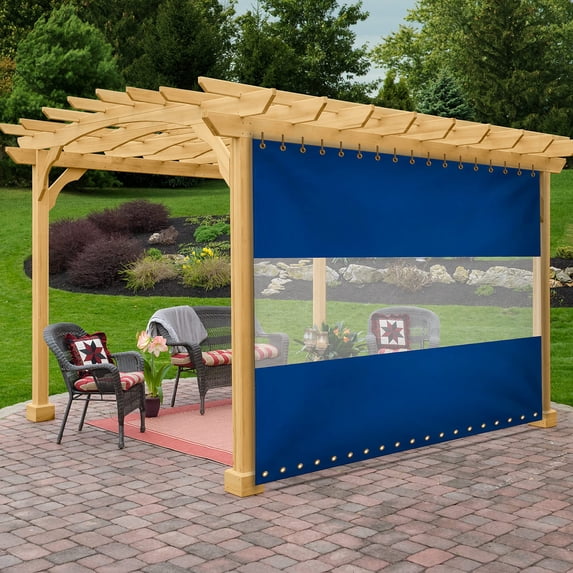 Covers & All Outdoor Clear Panel Curtain, 18 Oz Tarp Tuff Waterproof & UV Resistant Material with Rustproof Grommets, Multi-Purpose Ideal for Outdoors/Indoors (9’H x 12’W feet, Blue)