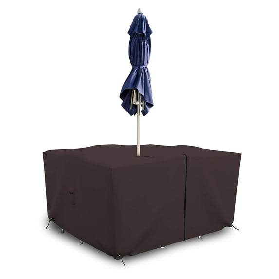 Covers & All Patio Square Table and Chair set cover with Umbrella Hole - Heavyduty 18 Oz. Waterproof Outdoor furniture cover with Air pockets & Drawstring (45"W X 45"D X 30"H, Coffee)