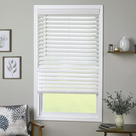 Coverscaped 2.5" Cordless Faux Wood Smooth White Blinds with 3.25" Crown Valance, 24.5" x 36"
