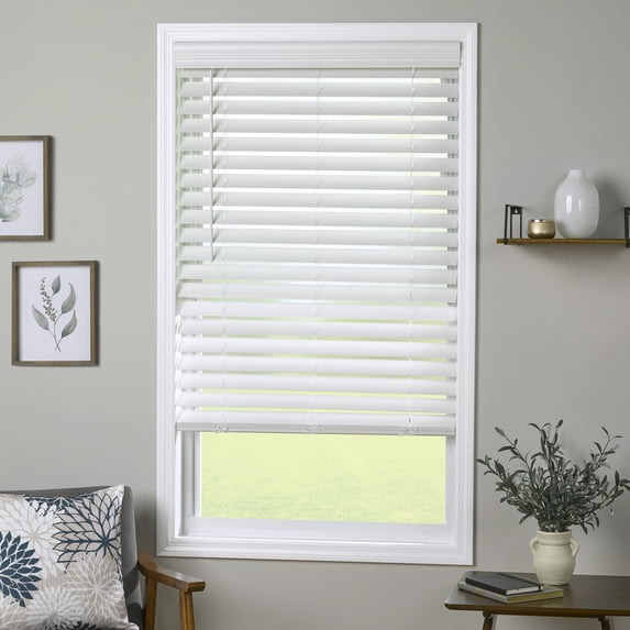 Coverscaped 2.5" Cordless Faux Wood Smooth White Blinds with 3.25" Crown Valance, 35.75" x 64"