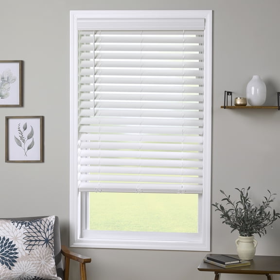 Coverscaped 2.5" Cordless Faux Wood Smooth White Blinds with 3.25" Crown Valance, 47" x 36"