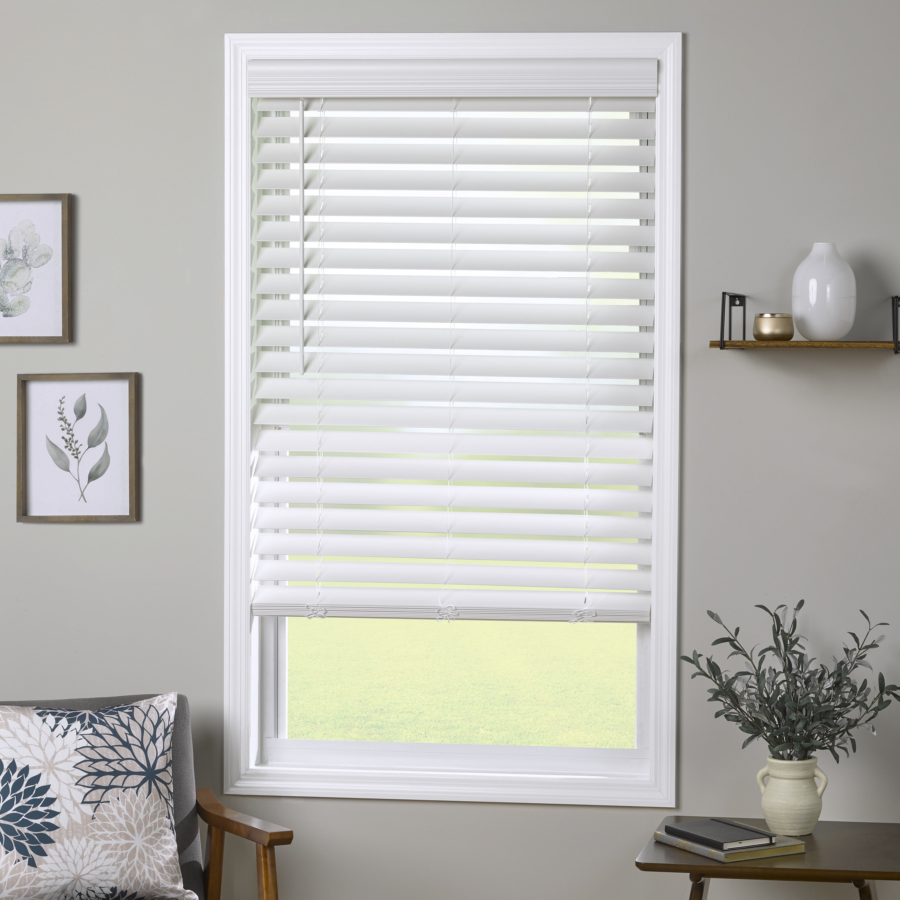 Coverscaped 2.5" Cordless Faux Wood Smooth White Blinds with 3.25" Crown Valance, 48.5" x 74"