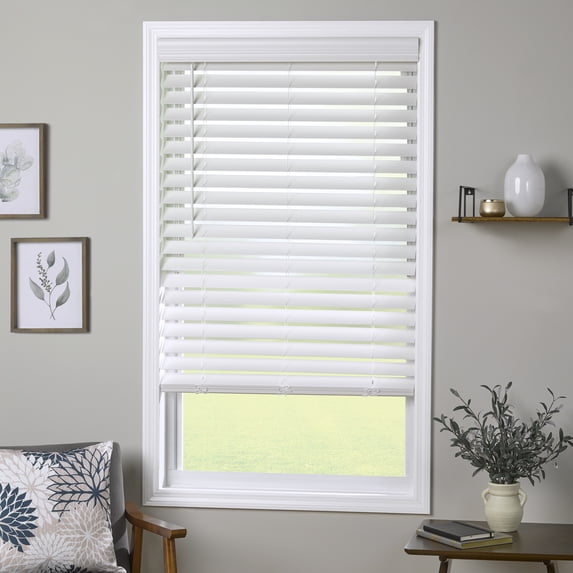 Coverscaped 2.5" Cordless Faux Wood Smooth White Blinds with 3.25" Crown Valance, 60.5" x 74"