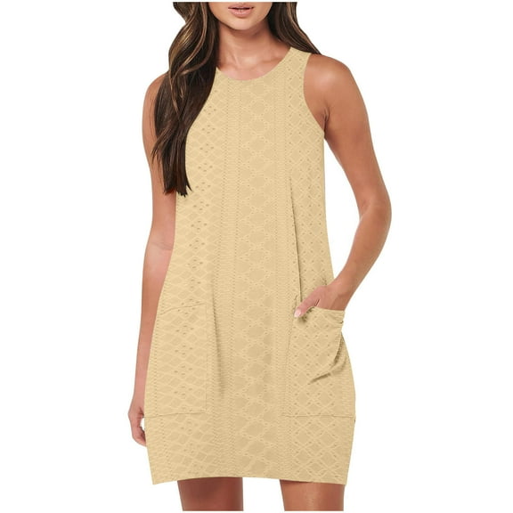 Coverup Summer Dresses for Women ,Summer Casual Round-Neck Solid Color Short Sleeveless Dress, 2025 Eyelet Casual Loose Sundresses Tank Dresses with Pockets