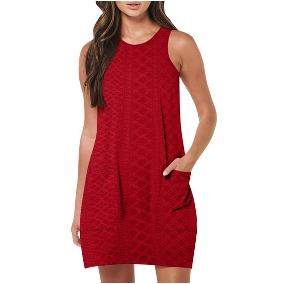 Coverup Summer Dresses for Women ,Summer Casual Round-Neck Solid Color Short Sleeveless Dress, 2025 Eyelet Casual Loose Sundresses Tank Dresses with Pockets