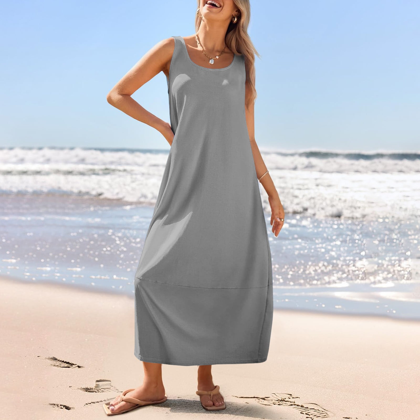 BKRIVE Women's Summer Sundress - Eyelet Loose Sleeveless Dress With Pockets, Plain Green, Medium, Casual Tank Dress