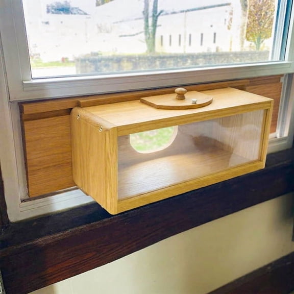 Coveside In-House Window Bird Feeder with Mirrored Back - Oak Frame Platform Feeder with Sliding Panels, Fits 24"-36" Windows, 1.75 Qt Capacity, Reflective Interior Viewing - Made in USA
