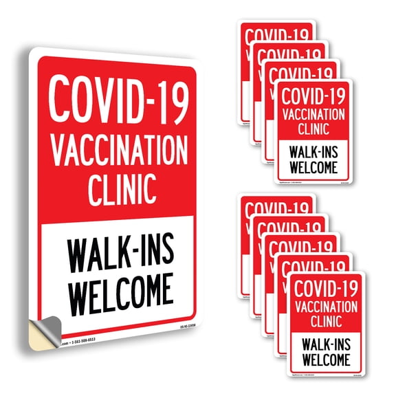 Covid-19 Vaccination Clinic Walk-Ins Welcome Public Safety Vinyl Decal Label 10 Inch x 7 Inch - 10 Pack