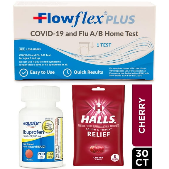 Covid Flu Test + Symptom Relief: Flowflex Covid/Flu Combo Test, Ibuprofen 100ct, Halls Cherry Cough Drops 30ct
