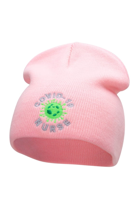 Covid Nurse Symbol Embroidered Short Knitted Beanie - Pink OSFM