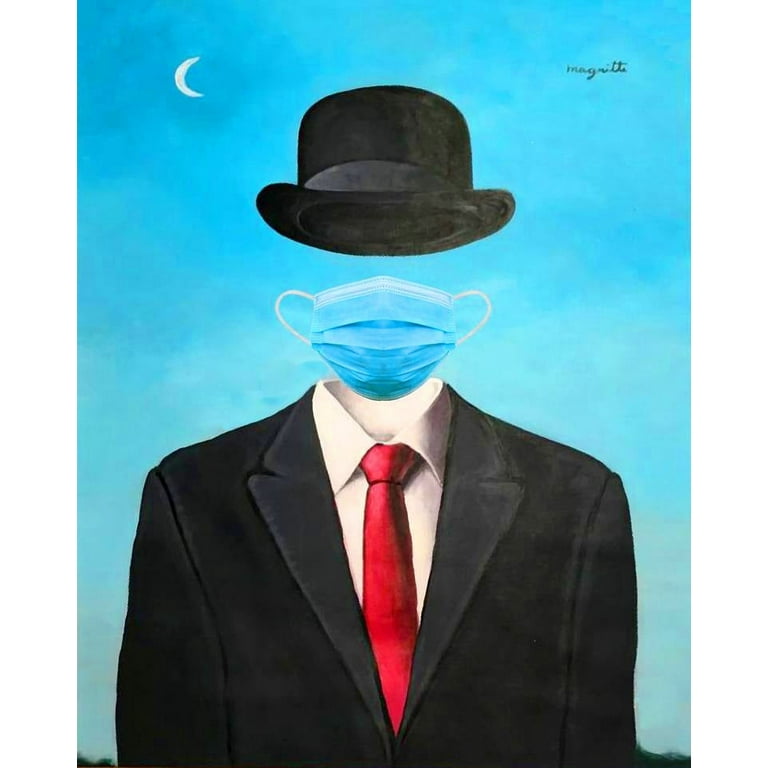 Covid19 Wall Art Inspirted by Rene Magritte Canvas Art Surrealism Man wih Mask Framed Painting Wall Decor For Home Office Bedroom Reeady to Hang