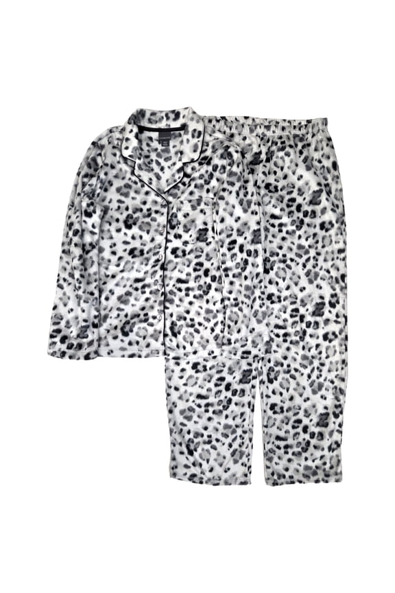 Women Gray Animal Print Button Front Fleece Pajamas Sleep Set Medium