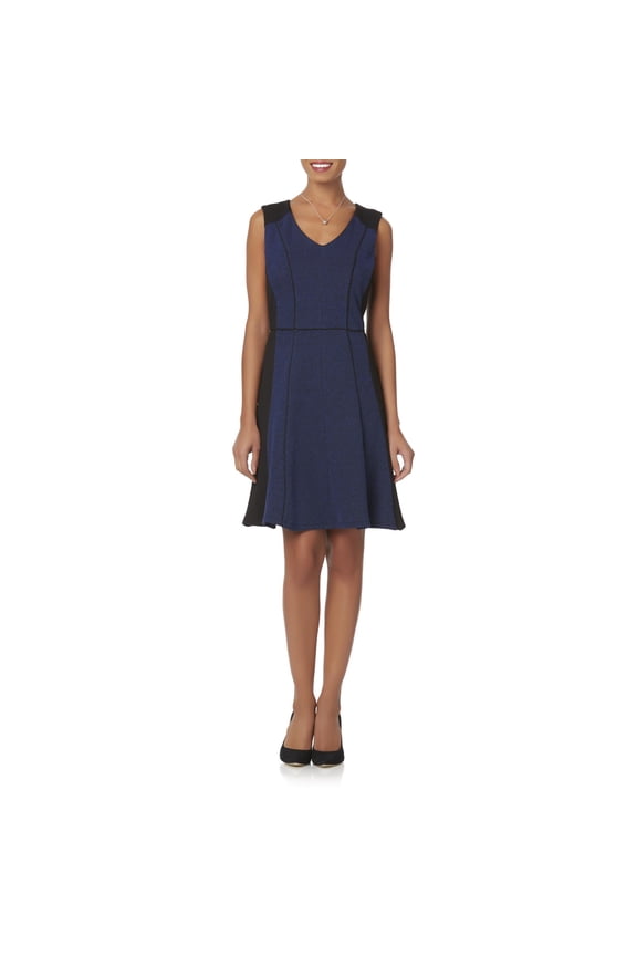 Women's Colorblock Textured Sleeveless A-Line V-Neck Flare Dress - Blue/Onyx Black - (X-Large)
