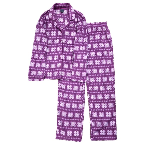 Covington Womens Purple Snowflake Print Button Front Fleece Pajamas Sleep Set S