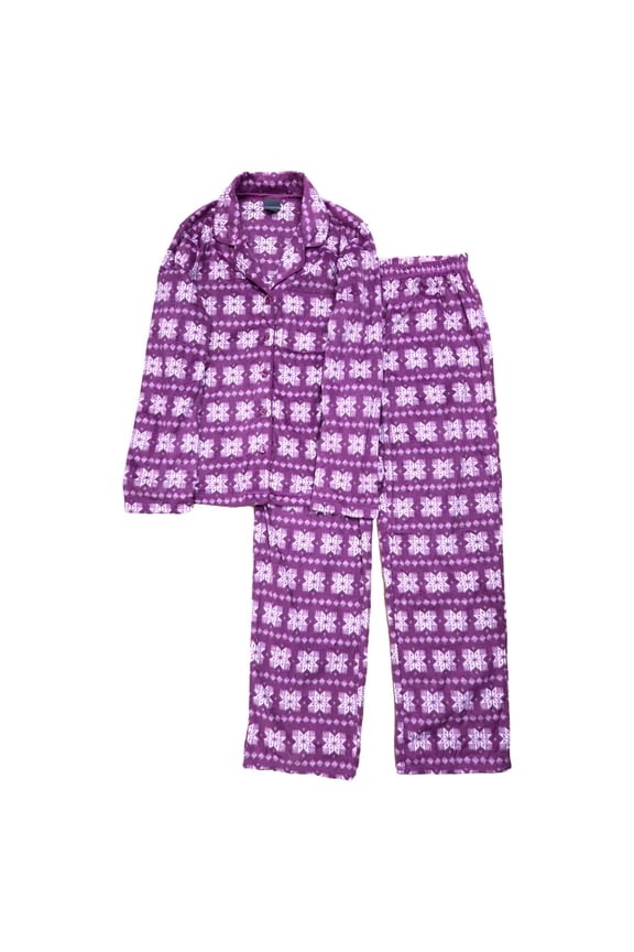 Womens Purple Snowflake Print Button Front Fleece Pajamas Sleep Set XL