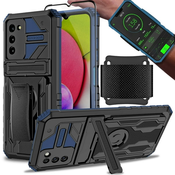 Covrware Running Wristband Belt-Clip Case for Samsung Galaxy A03S, Detachable Sports Strap, Light Weight Armor Cover with Tempered Glass Screen Protector, Built-in Kickstand, Blue