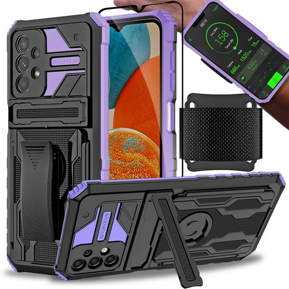 Covrware Running Wristband Belt-Clip Case for Samsung Galaxy A23 5G / 4G, Detachable Sports Strap, Light Weight Armor Cover with Tempered Glass Screen Protector, Built-in Kickstand, Purple