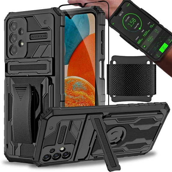 Covrware Running Wristband Belt-Clip Case for Samsung Galaxy A23 5G / 4G, Detachable Sports Strap, Light Weight Armor Cover with Tempered Glass Screen Protector, Built-in Kickstand, Black